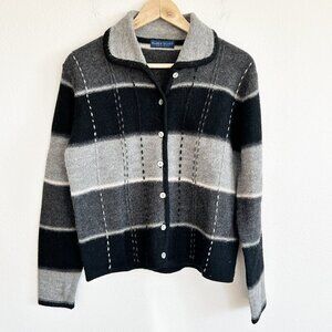Karen Scott Petites Sweater Gray 100% Wool Stripe Cardigan Button Front